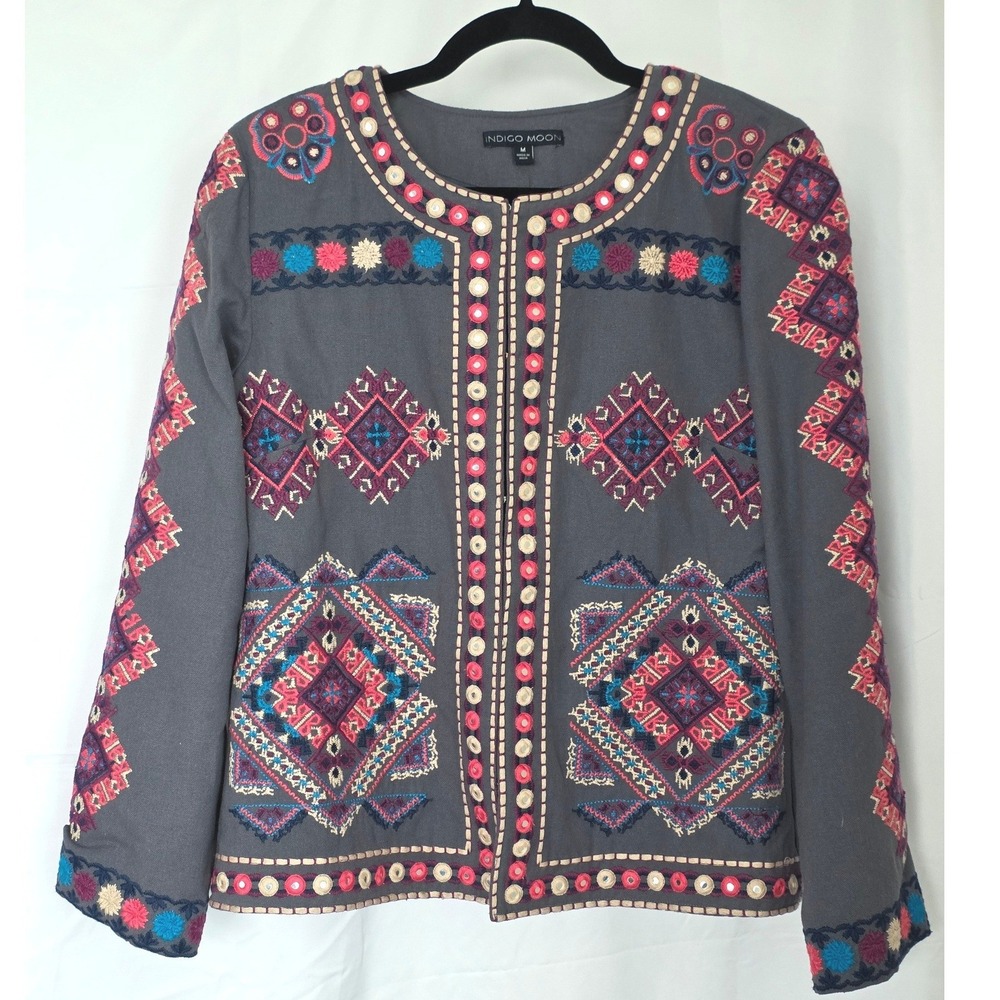 Indigo Moon Embroidered Mirror Shisha Jacket Blazer Boho Cotton Medium Autumn